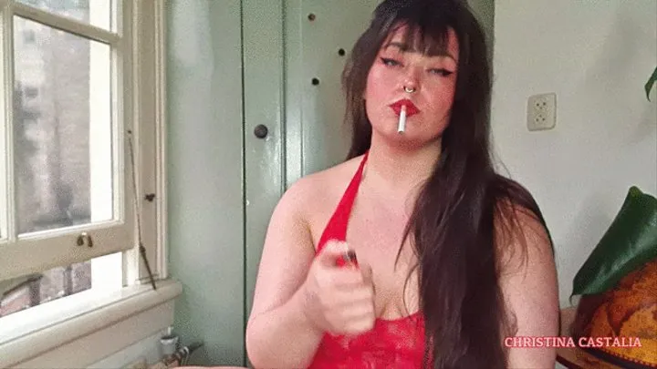 SMOKING L&M RED IN RED LINGERIE + RED LIPSTICK