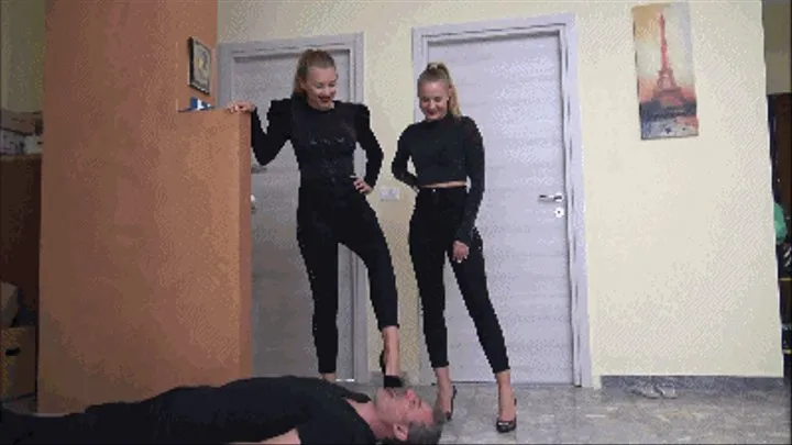 GABRIELLA & MARIANNA - Femdom party - Human doormat - Dirty shoe licking, shoe gagging