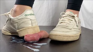 A Reebok Classic Shoejob - Tramplegirl crushes the cum out of his cock with the heel of her Reebok Club C85 Vintage sneakers - Footjob, CBT and Sneakerfetish