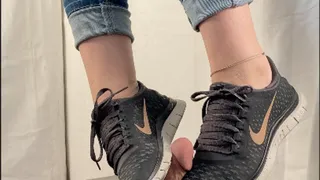 A cock crushing shoejob in black nike frees cbt and some spitting 2 cam version