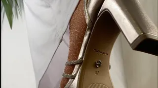 A Footjob and Shoejob in Nylons and Plateau glitter Heels - Tramplegirl in Plateau Sandals Multi and POV Views