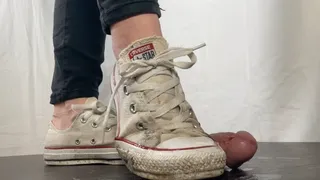 A Shoejob with dirty white sneakers - CBT, Shoejob and some spitting in well worn dirty Converse Chucks - slave