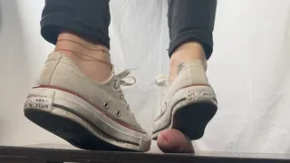 A Shoejob with dirty white sneakers - CBT, Shoejob and some spitting in well worn dirty Converse Chucks - slave