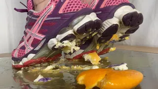 A crushing experience in well worn Asics Sneakers - Food and egg crush - underglass Pov views and closeups