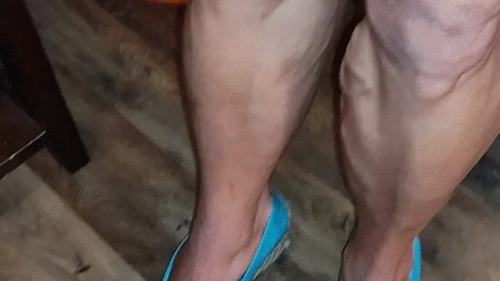 Wearing blue satin wedges