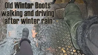 Old Winter Boots Walking and Driving After Winter Rain