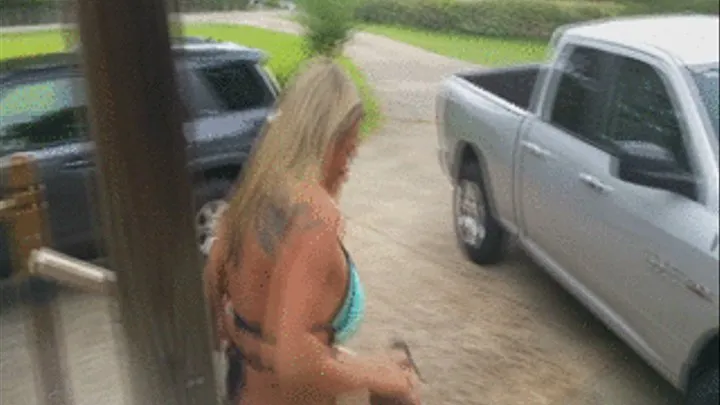 Ashley Going to the Pool in Bathing Suit RELENTLESS TIRE SPINNING Barefoot