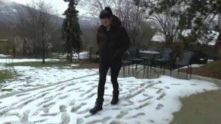 Mistress Natasa tramples the slave's groin with snowy boots, past her orgasm