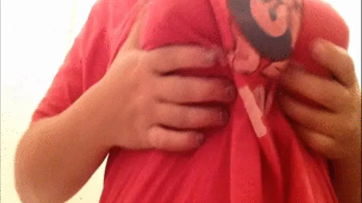 Lactating in red shirt