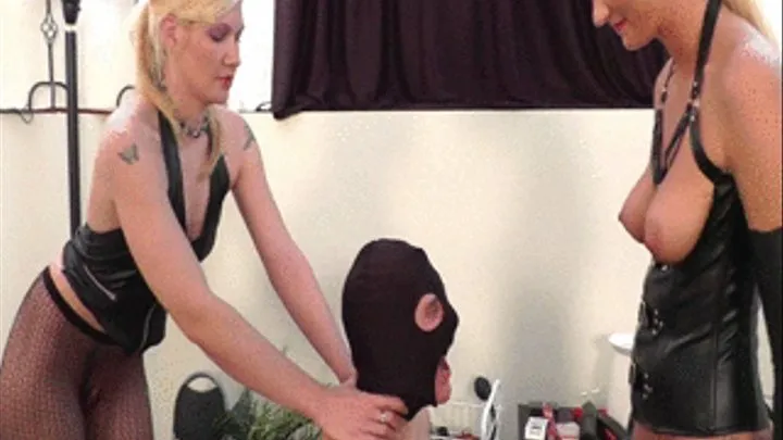 Mistress Ariel and Mistress Summer ballbust slave and spit into his mouth - --==+++++