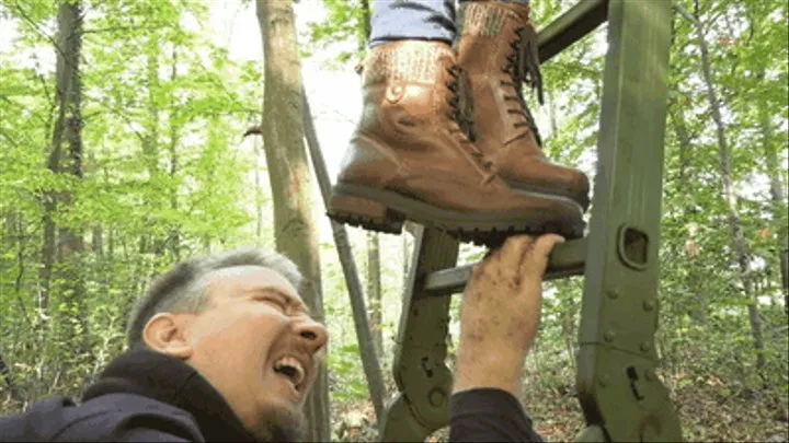 Hands trampled on the deer stand's steps