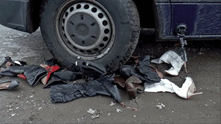 Shoes crushed under muddy tires