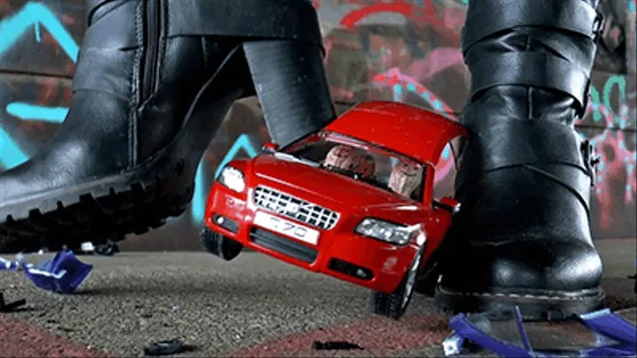 Cars crushed under giantess' boots