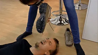 Dirty shoe soles covered in spit and licked clean