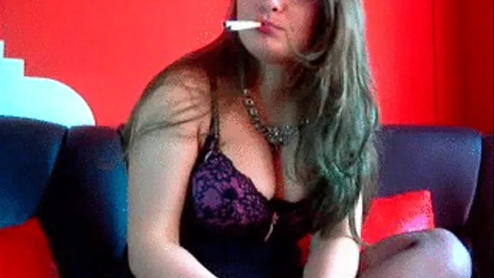 Eva in sexy lingerie having 2 marlboros at once without hands