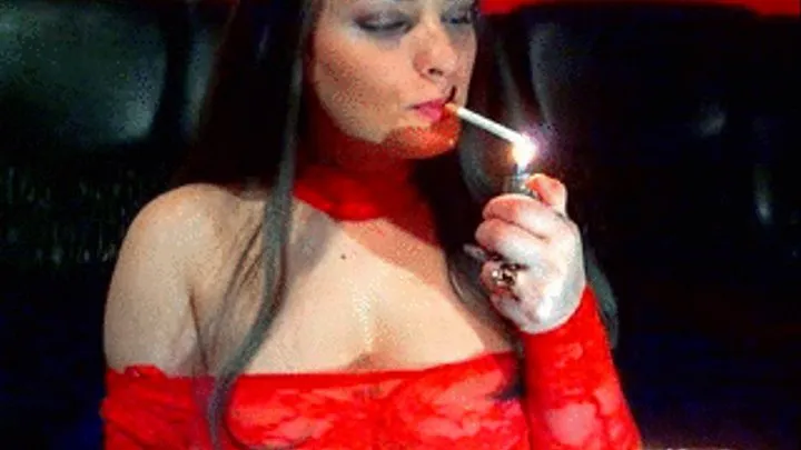 Eva in red, having a glass of by the candle light and smoking