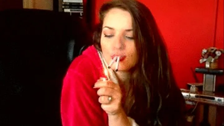 Eva in her bathrobe,teasing and smoking 2 kent deluxe without hands