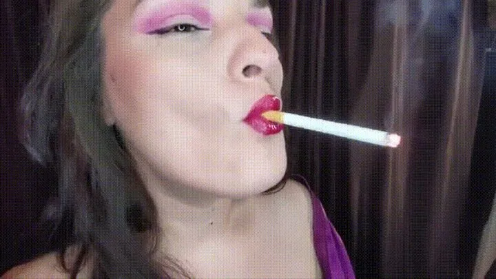 Slow motion, close up smoking and red glossy lips