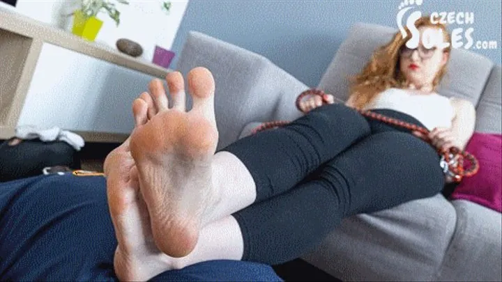 Foot slave under BIG sweaty feet of his goddess