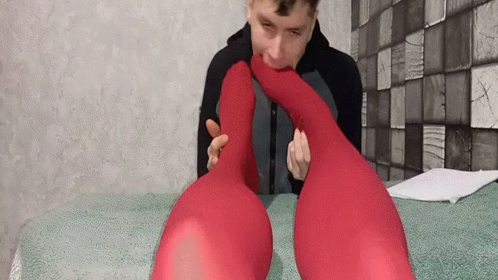 Feet in red pantyhose - the hit of the evening