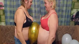 Two BBWs blow up balloons with their bellies