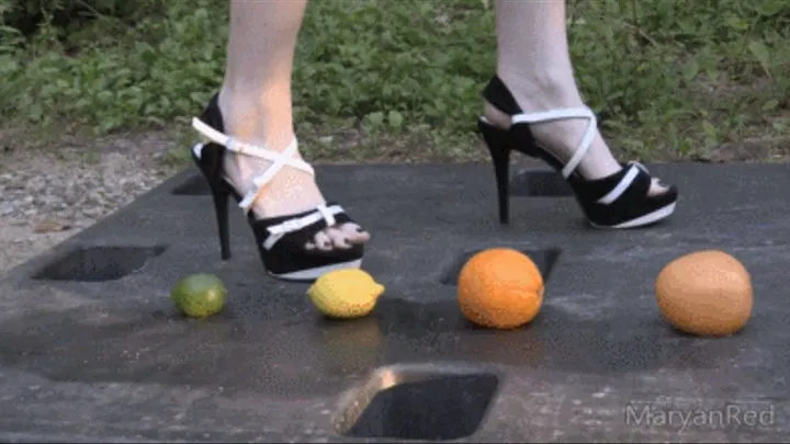 Food crush - Citrus crush with high heels sandals (grape fruit crush, orange crush, lemon crush, lime crush, foot fetish crush)