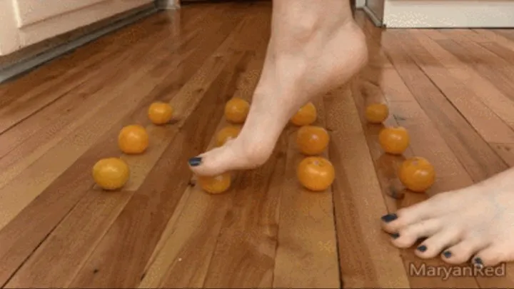 Yellow tomatoes crush with my barefeet (tomato crush, foot fetish crush)