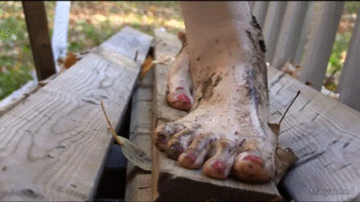 Barefoot outdoors challenging my soles Part 3 (rough soles dirty feet covered with mud)