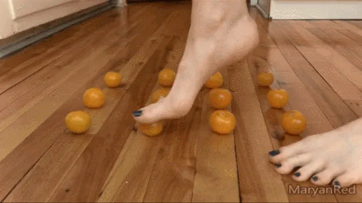 Yellow tomatoes crush with my barefeet (food crush, foot fetish crush)