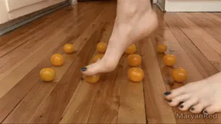 Yellow tomatoes crush with my barefeet (food crush, foot fetish crush)