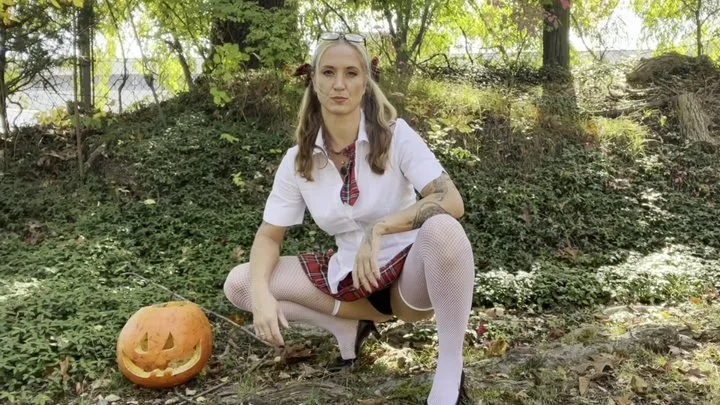 Schoolgirl Squeezes Mr Jack O Lantern