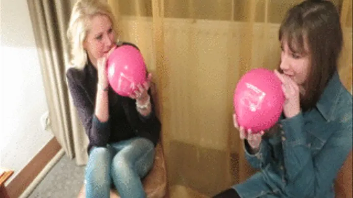 Anna and Sarah blow to pop RACE pink Mellyloon balloons