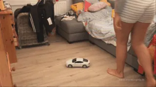 Sneaker-Girl Zoey - Walking Over a Toy-Car - Barefoot and With Socks