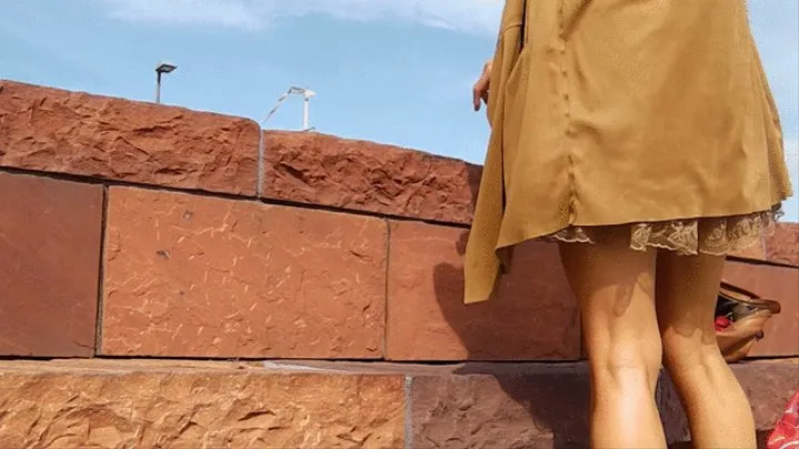 Sunny upskirt in camel dress