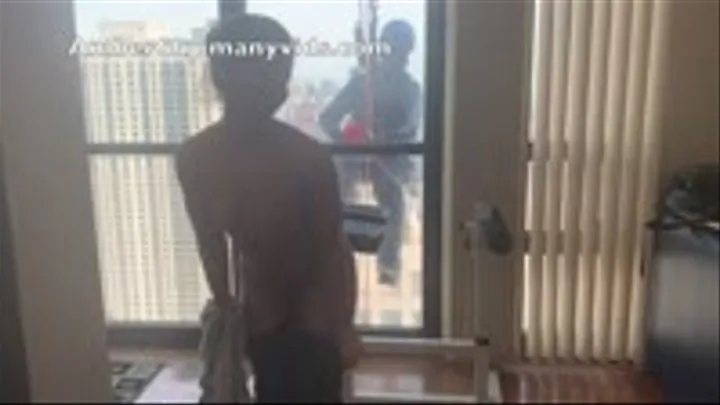 AMBER SKY STRIPS NAKED IN FRONT OF WINDOW WASHER