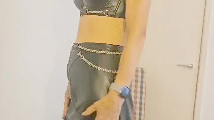 leather skirt and bra and boots tease and cum