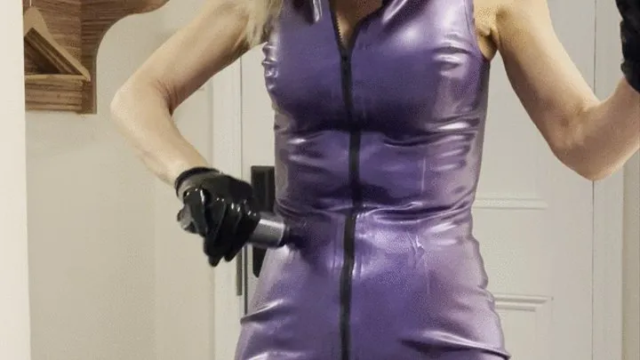 Latex dress pvc boots hood and gas mask and self bondage cum