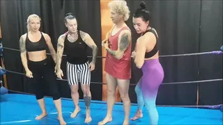 3 girls with biceps lift blond guy