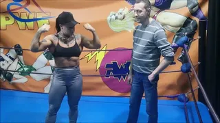 Belorussian female bodybuilder lifts a tall skinny guy