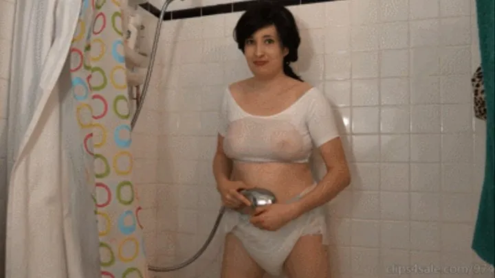 Diapered girl shower - Soaked and heavy diaper (testing diaper absorbency in the shower)