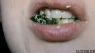 Chewing food - Close-up of my mouth chewing spinach and egg salad