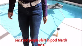 Tight Levis and Purple shirt in pool