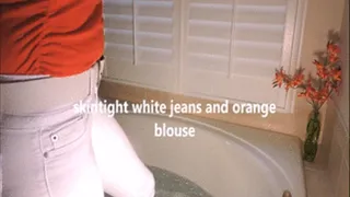Skintight White Jeans and Orange Blouse in Bath
