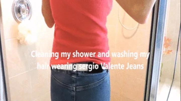 Cleaning shower wearing Jeans