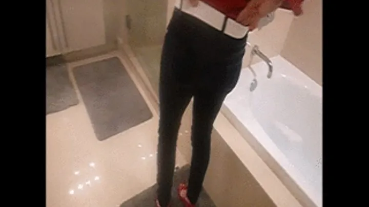 taking a bath in jeans and red heels