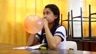 Japanese School Girl sneaks Balloons in the Library (B2P, S2P, Nail Pop)