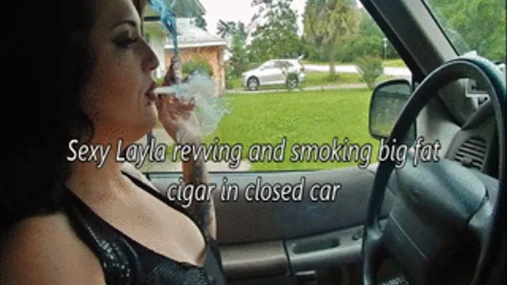 Curvy Layla revving and smoking big cigar in closed car