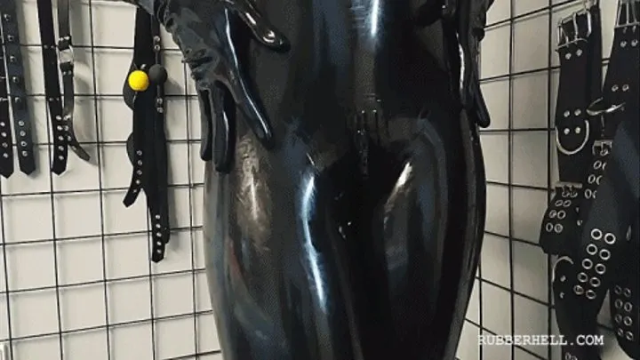 Blowjob in full black latex enclosure and perforated hood #122