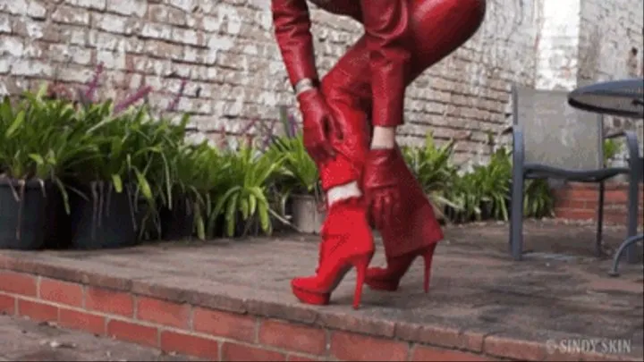 Stiletto Suede Pinky Red Booties and Full Red Leather - FULL CLIP - HD