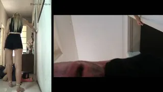 Alice dances over Tom's head wearing flat sandals (pov view)